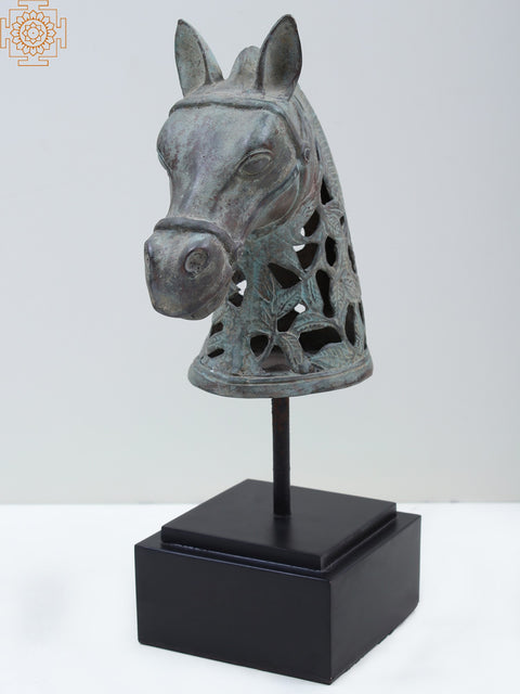 12" Brass Horse Head On Wooden Stand
