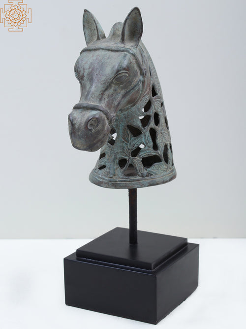 12" Brass Horse Head Statue On Wooden Stand