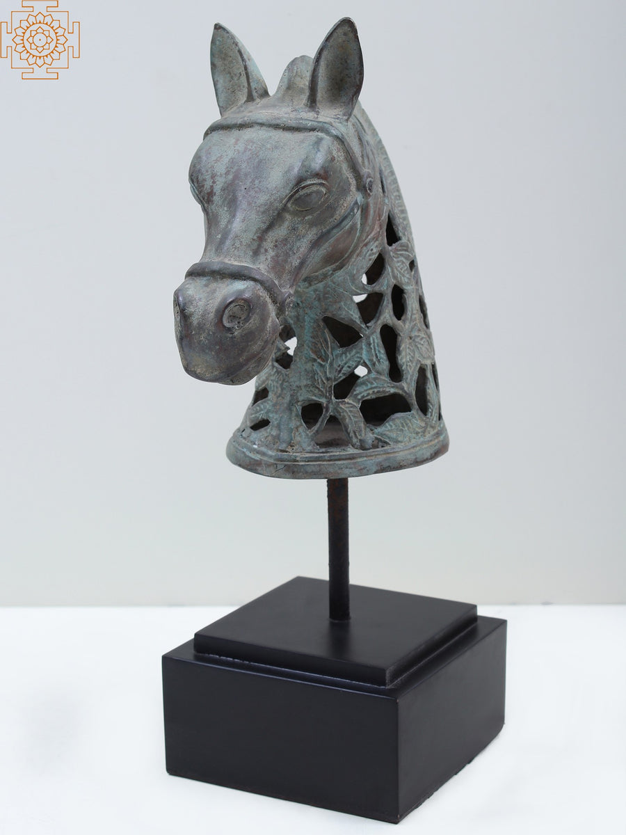 12" Brass Horse Head Statue On Wooden Stand