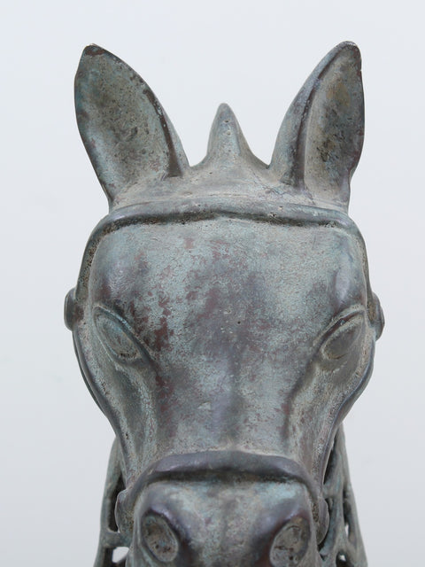 12" Brass Horse Head On Wooden Stand