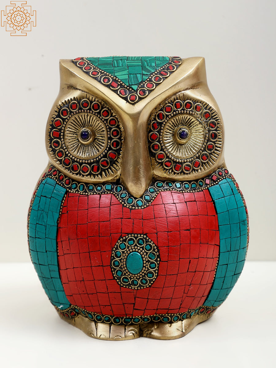 7" Brass Owl Statue with Inlay Work for Home Decor
