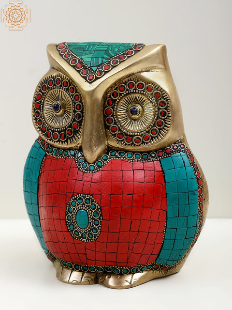 7" Brass Owl Figurine with Inlay Work