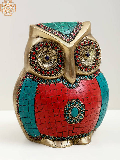 7" Brass Owl Figurine with Inlay Work