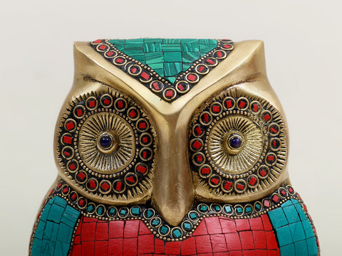 7" Brass Owl Figurine with Inlay Work