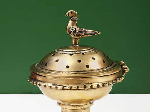 6" Small Brass Incense Burner with Bird Lid