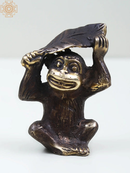 Small Brass Monkey Holding Leaf Statue for Home Decor