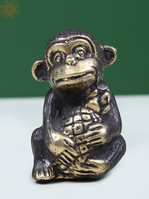 1' Small Brass Figurine of Baby Monkey Holding a Pineapple on Head
