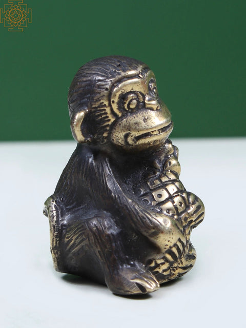 1' Small Brass Figurine of Baby Monkey Holding a Pineapple on Head
