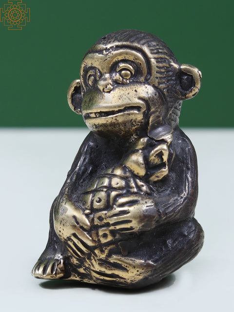 1' Small Brass Figurine of Baby Monkey Holding a Pineapple on Head