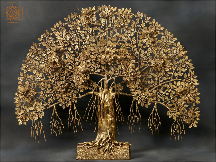 46" Large Brass Tree of Life with Perched Birds and Stand