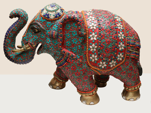 32" Brass Elephant Statue with Inlay Work Handmade