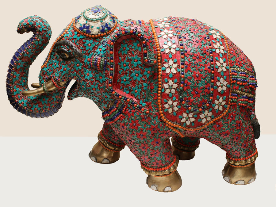 32" Brass Elephant Statue with Inlay Work Handmade