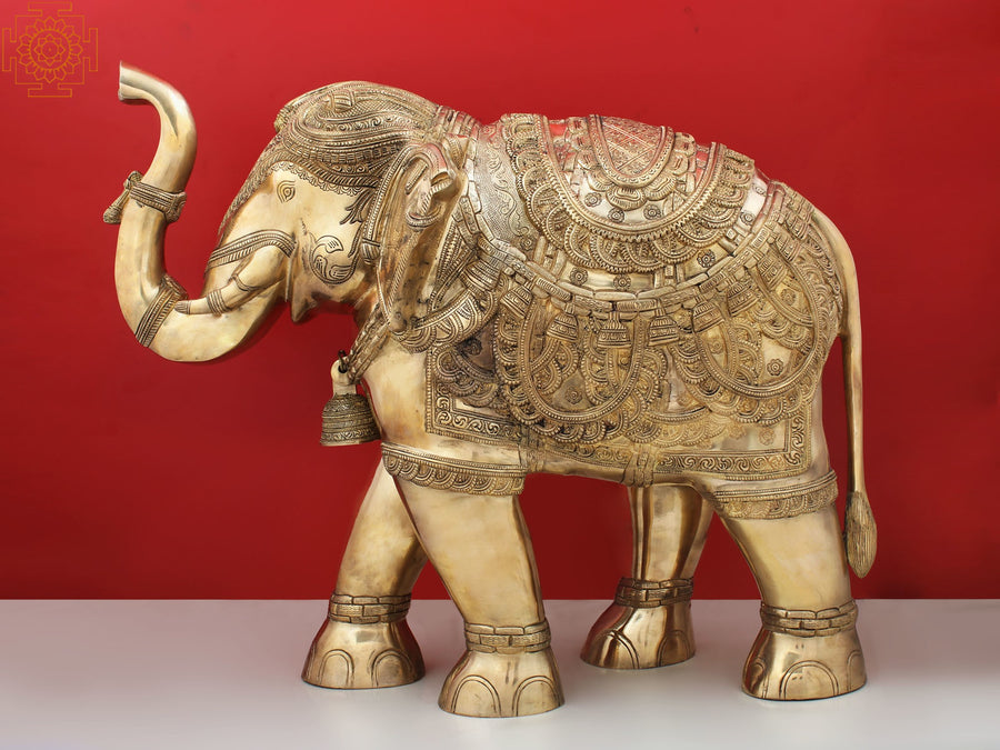 25" Brass Engraved Elephant Statue for Home Decor