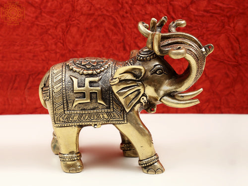 6" Small Handmade Brass Elephant Statue Engraved
