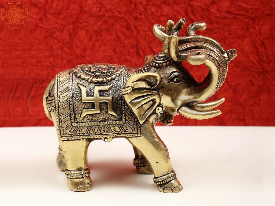 6" Small Handmade Brass Elephant Statue Engraved