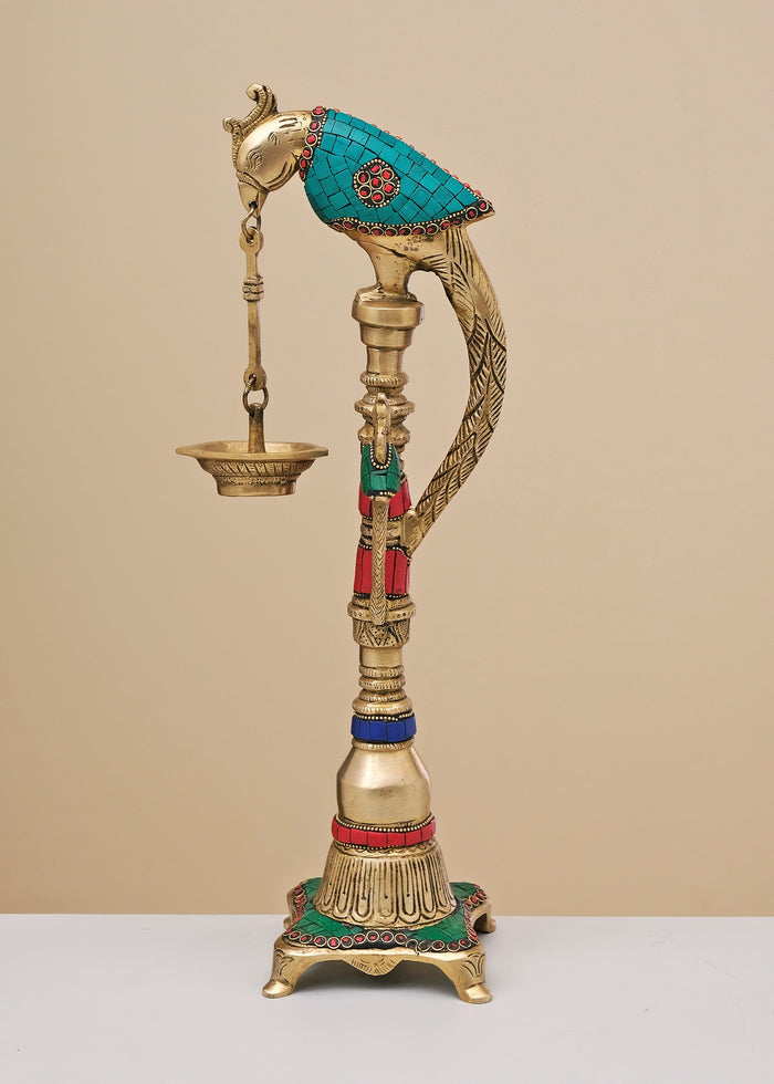17" Handmade Brass Parrot Lamp with Inlay Work