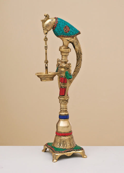 17" Brass Parrot Lamp with Inlay Work | Handmade