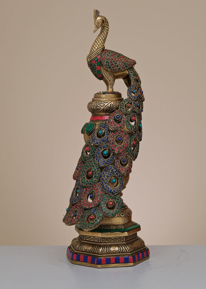 20" Handmade Brass Peacock Stambh with Inlay Work
