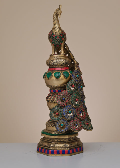 20" Brass Peacock Stambh with Inlay Work | Handmade
