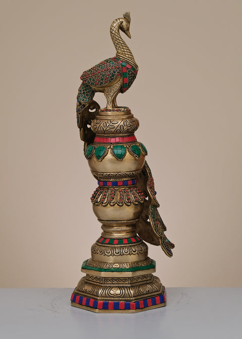 20" Brass Peacock Stambh with Inlay Work | Handmade