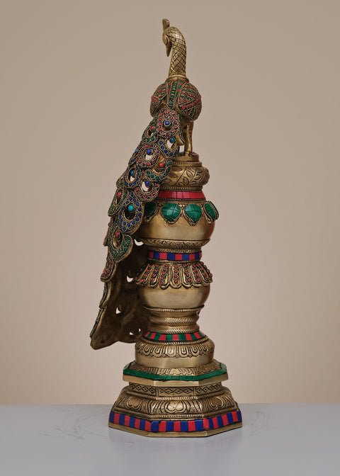 20" Brass Peacock Stambh with Inlay Work | Handmade
