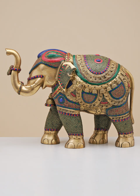 29" Brass Elephant Statue with Inlay Work | Handmade