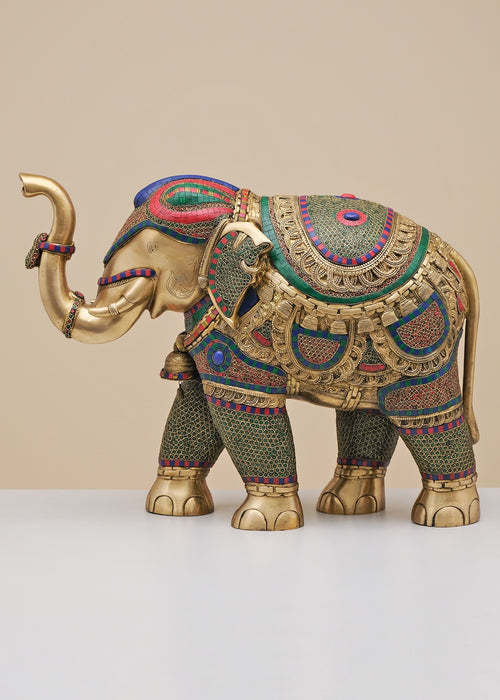 29" Handmade Brass Elephant Statue with Inlay Work