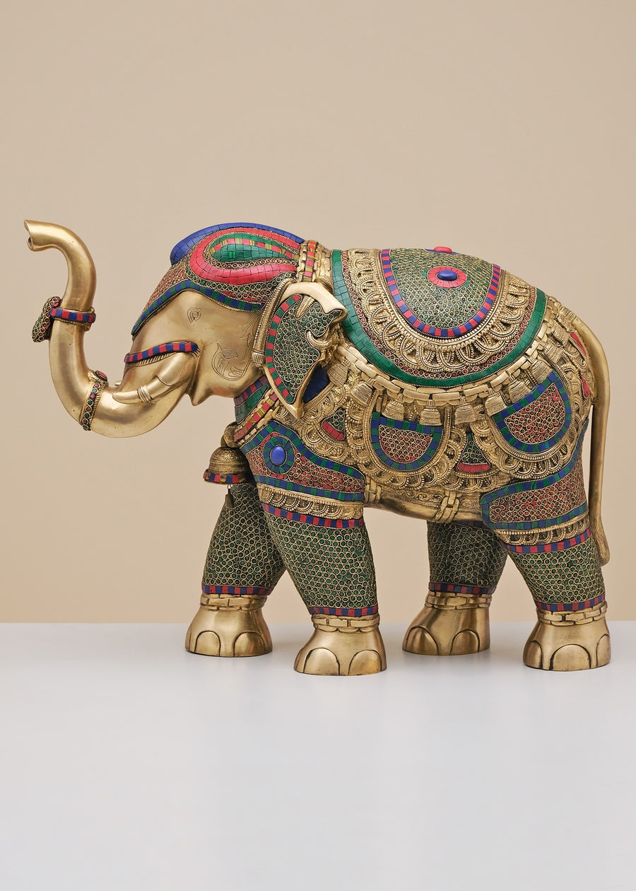 29" Handmade Brass Elephant Statue with Inlay Work