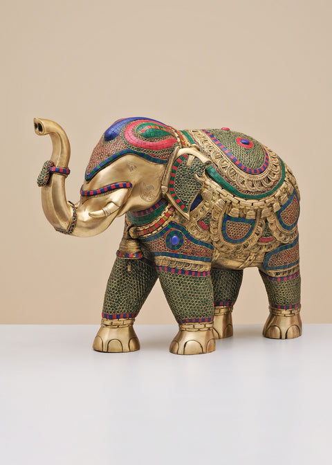 29" Brass Elephant Statue with Inlay Work | Handmade