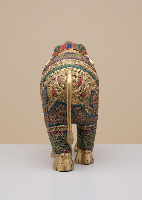 29" Brass Elephant Statue with Inlay Work | Handmade
