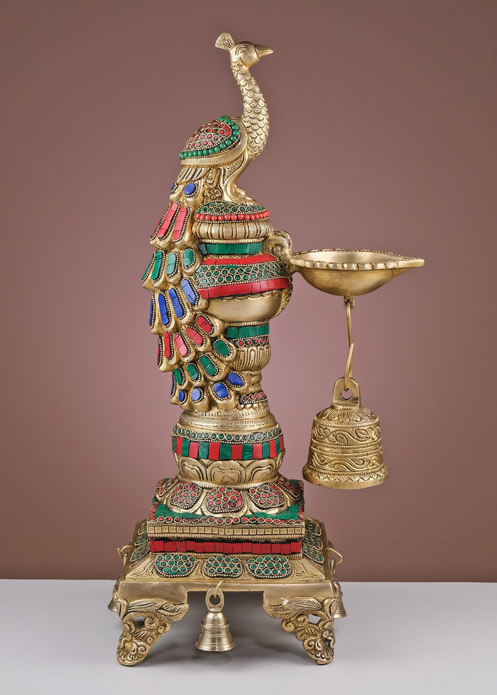 20" Handmade Brass Peacock Diya with Bell Statue