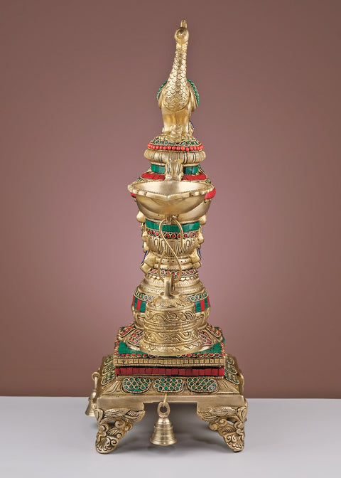 20" Brass Peacock Diya with Bell | Handmade