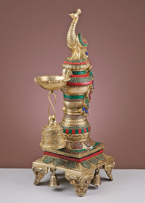 20" Brass Peacock Diya with Bell | Handmade