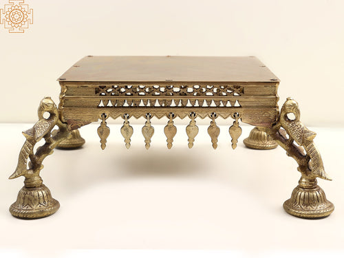15" Brass Chowki with Peacock Design Pedestal for Pooja
