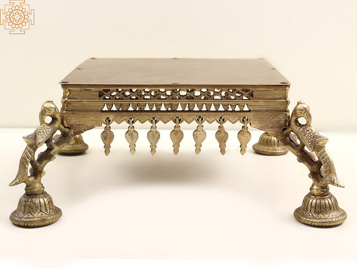 15" Brass Chowki with Peacock Design Pedestal for Pooja