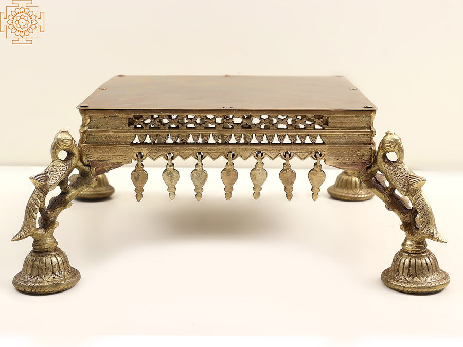 15" Brass Chowki with Peacock Design Pedestal for Pooja