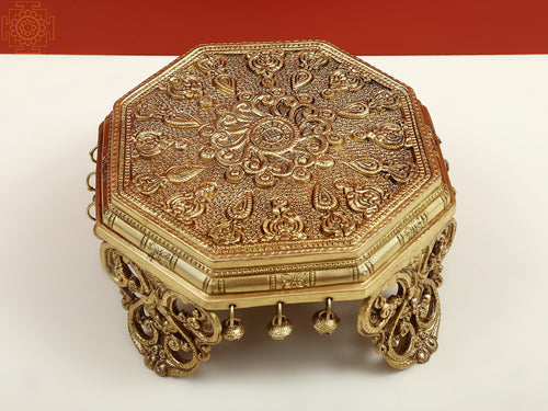 10" Brass Designer Chowki Pedestal with Ghungroos for Pooja