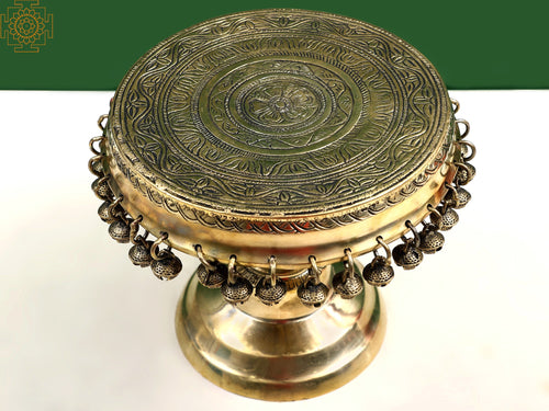 9" Brass Floral Chowki Pedestal with Ghungroos for Pooja