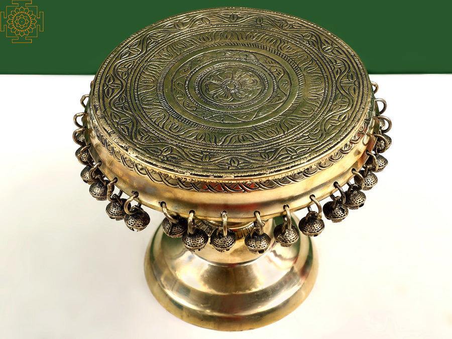 9" Brass Floral Chowki Pedestal with Ghungroos for Pooja