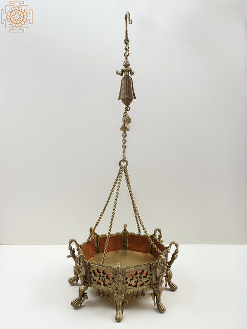 14" Roof Hanging Lady Pedestal with Peacock Design in Brass with Copper