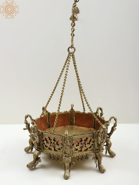14" Roof Hanging Lady Pedestal with Peacock Design in Brass with Copper