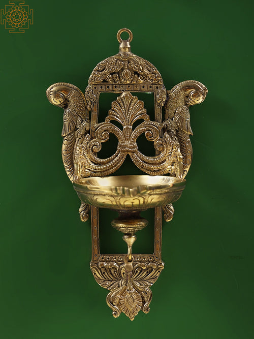 8" Brass Peacock Wall Hanging with Diya for Home Decor