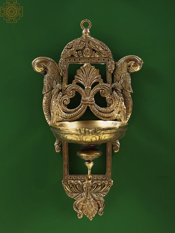 8" Brass Peacock Wall Hanging with Diya for Home Decor