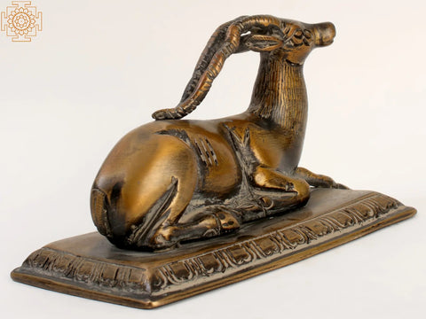 5" Small Decorative Brass Deer Statue Seated on Pedestal