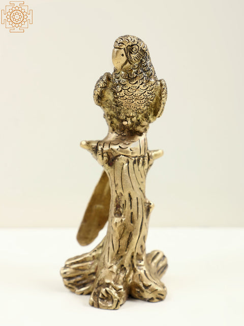 5" Small Brass Parrot Seated on Tree Trunk