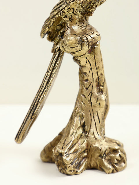 5" Small Brass Parrot Seated on Tree Trunk