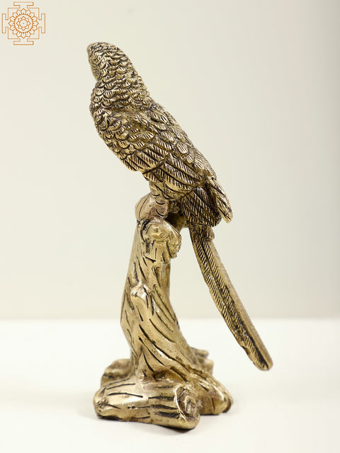 5" Small Brass Parrot Seated on Tree Trunk