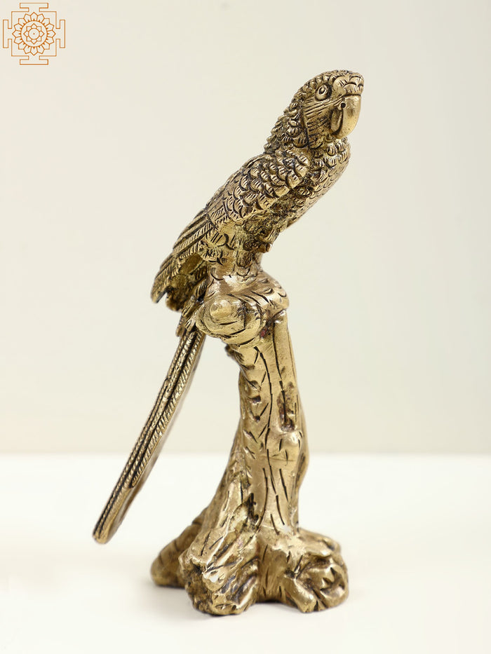 5" Small Brass Parrot Statue Seated on Tree Trunk