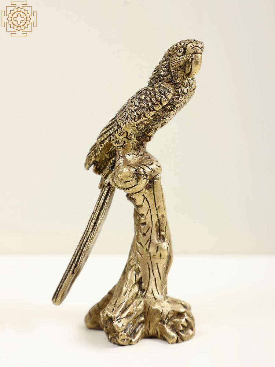 5" Small Brass Parrot Statue Seated on Tree Trunk