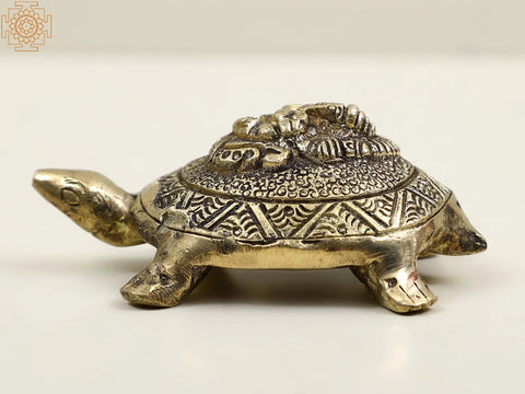 5" Small Brass Vastu Tortoise with Ganesha on Top | Handmade